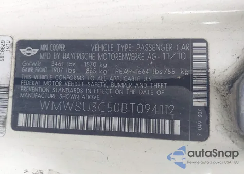 2011 Mini Cooper from USA, damaged, VIN WMWSU3C50BT094112